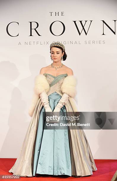 Model poses at a presentation featuring costumes from new Netflix Original series "The Crown" with designer Michele Clapton at the ICA on October 17,...