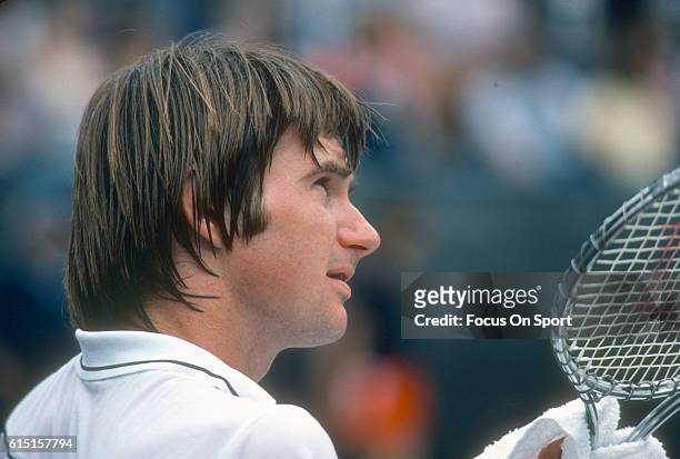 Jimmy Connors of the United States looks on in between games during the Men's 1981 US Open Tennis Championships circa 1981 at the USTA National...