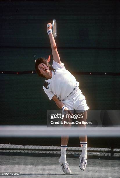 Jimmy Connors of the United States serves during the Men's 1980 US Open Tennis Championships circa 1980 at the USTA National Tennis Center in the...