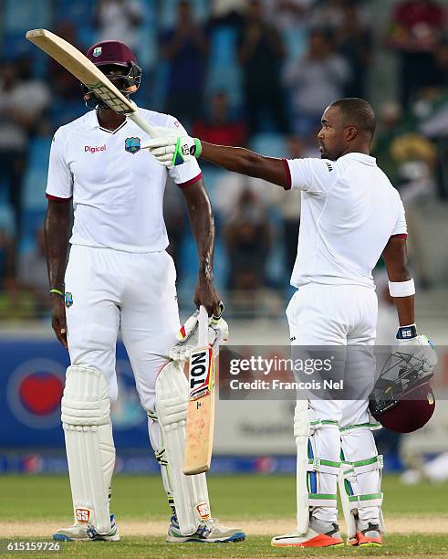 Darren Bravo of West Indies celebrates reaching his century during Day Five of the First Test between Pakistan and West Indies at Dubai International...