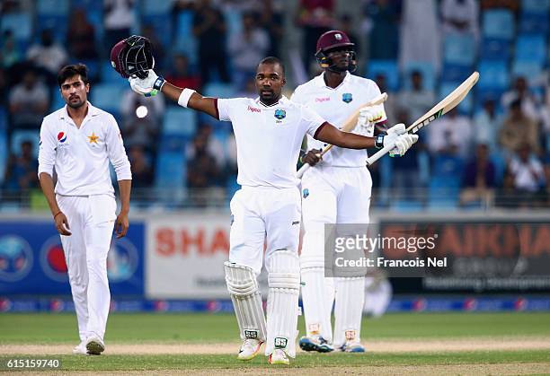 Darren Bravo of West Indies celebrates reaching his century during Day Five of the First Test between Pakistan and West Indies at Dubai International...