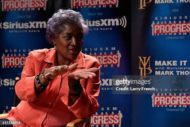 Chair Donna Brazile speaks with host Mark Thompson during a "Leading Ladies" discussion at SiriusXM studios on October 17, 2016 in Washington, DC.