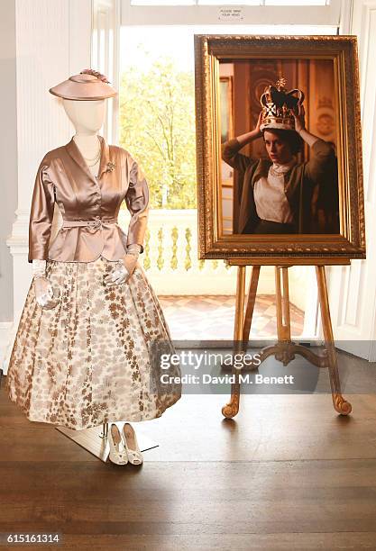 General view of the atmosphere at a presentation featuring costumes from new Netflix Original series "The Crown" with designer Michele Clapton at the...