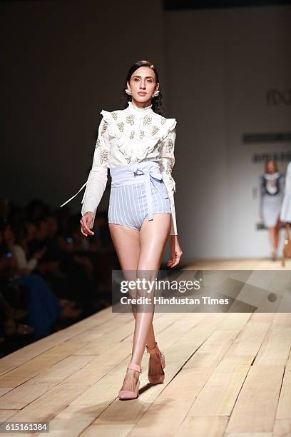 Model showcases the creation of designers Hemant and Nandita during Amazon India Fashion Week Spring-Summer 17 at NSIC Exhibition Complex on October...