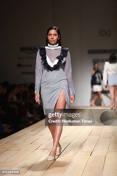 Model showcases the creation of designers Hemant and Nandita during Amazon India Fashion Week Spring-Summer 17 at NSIC Exhibition Complex on October...
