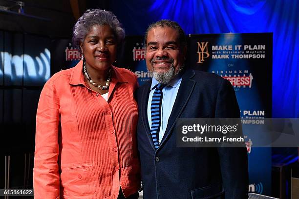 Chair Donna Brazile appears with host Mark Thompson before a "Leading Ladies" discussion at SiriusXM studios on October 17, 2016 in Washington, DC.