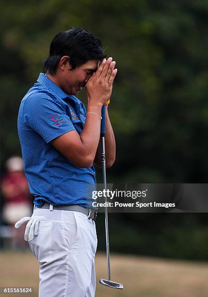 Pavit Tangkamolprasert of Thailand celebrates after winning the 2016 Venetian Macao Open at Macau Golf and Country Club on October 16, 2016 in Macau,...