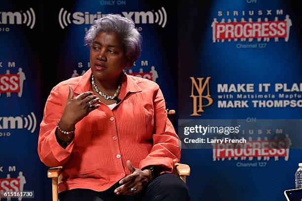 Chair Donna Brazile speaks with host Mark Thompson during a "Leading Ladies" discussion at SiriusXM studios on October 17, 2016 in Washington, DC.
