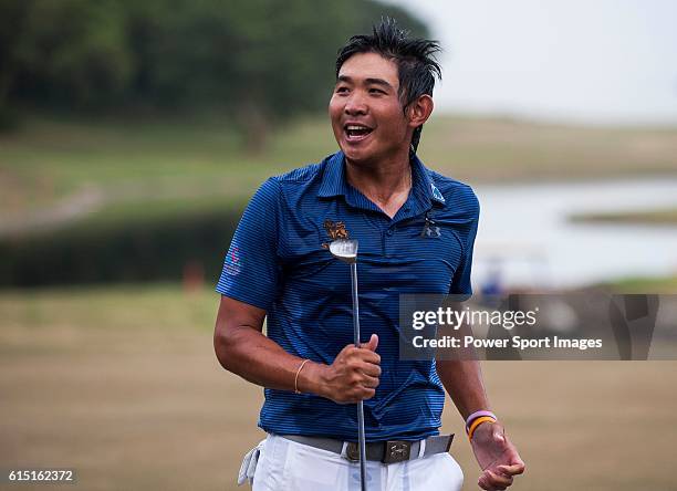 Pavit Tangkamolprasert of Thailand is soaked with water as he celebrates after winning the 2016 Venetian Macao Open at Macau Golf and Country Club on...