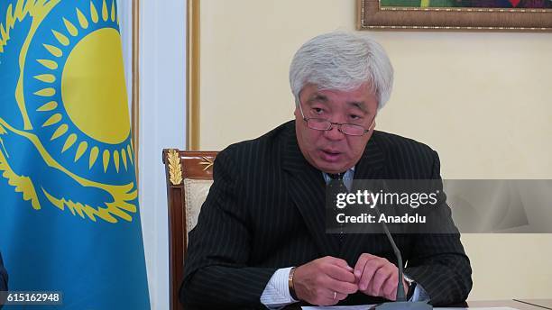 Kazakh Foreign Minister Erlan Idrissov speaks to press after he signed agreement between Kyrgyzstan and Kazakhstan with Kyrgyzstan's Foreign Minister...