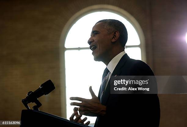 President Barack Obama speaks during an event at Benjamin Banneker Academic High School on October 17, 2016 in Washington, DC. President Obama...