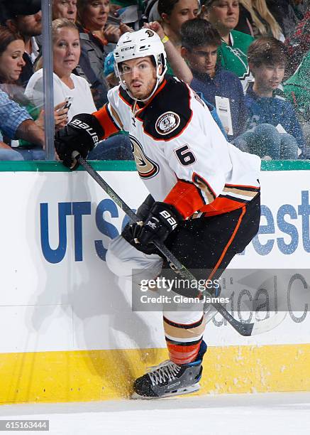 Simon Despres of the Anaheim Ducks skates against the Dallas Stars at the American Airlines Center on October 13, 2016 in Dallas, Texas.