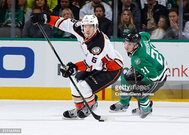 Simon Despres of the Anaheim Ducks handles the puck against the Dallas Stars at the American Airlines Center on October 13, 2016 in Dallas, Texas.