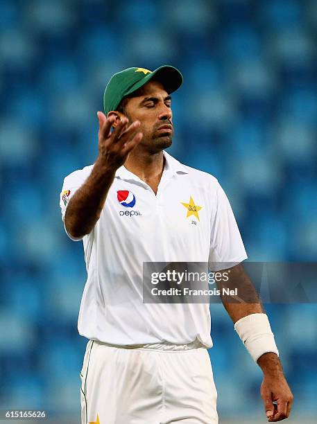 Wahab Riaz of Pakistan reacts during Day Five of the First Test between Pakistan and West Indies at Dubai International Cricket Ground on October 17,...