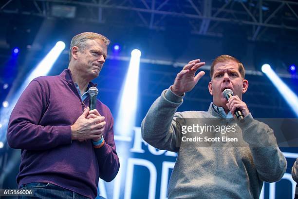 Massachusetts Governor Charlie Baker, left, and Boston Mayor Martin J. Walsh at the Forbes U30 Music Festival on October 16, 2016 in Boston,...