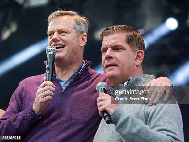 Massachusetts Governor Charlie Baker, left, and Boston Mayor Martin J. Walsh at the Forbes U30 Music Festival on October 16, 2016 in Boston,...