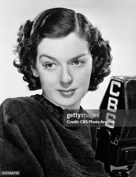 Radio program, Silver Theater. Actress Rosalind Russell performs on its premiere production titled, "First Love, in October 1937. Image dated...