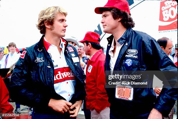 American TV actors John Schneider and David Hasselhoff at Atlanta Motor Speedway in Hampton, Georgia, USA, circa 1983.