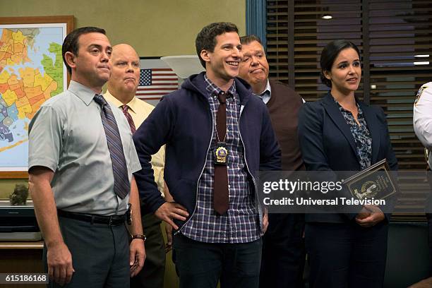 Halloween IV" Episode 405 -- Pictured: Joe Lo Truglio as Chales Boyle, Dirk Blocker as Hitchcock, Andy Samberg as Jake Peralta, Joel McKinnon Miller...