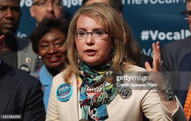 Gun violence victim and former U.S. Congresswoman Gabby Giffords during a visit to City Hall on her 2016 Vocal Majority Tour on October 17, 2016 in...