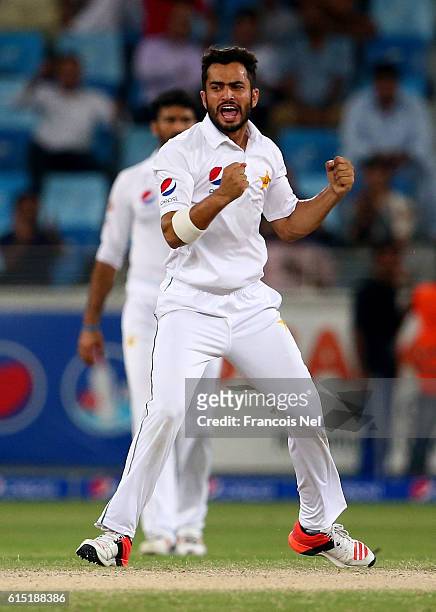 Mohammad Nawaz of Pakistan celebrates after dismissing Devendra Bishoo of West Indies during Day Five of the First Test between Pakistan and West...