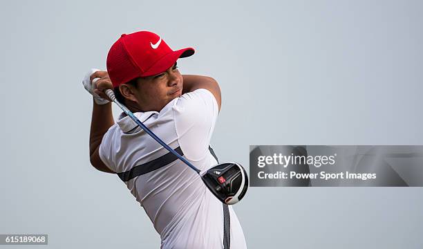 Miguel Tabuena of Philippines plays a shot during round four of the 2016 Venetian Macao Open at Macau Golf and Country Club on October 16, 2016 in...