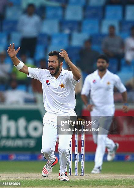 Mohammad Nawaz of Pakistan reacts during Day Five of the First Test between Pakistan and West Indies at Dubai International Cricket Ground on October...