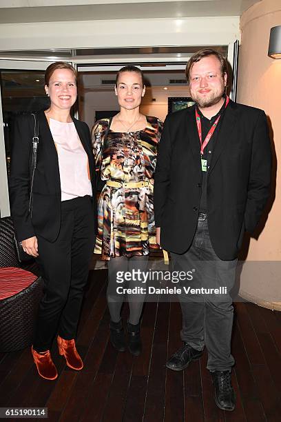 Selma Vilhunen, guest and Lauri Maijala attend a dinner for 'Alice Nella Citta' during the 11th Rome Film Festival at on October 17, 2016 in Rome,...