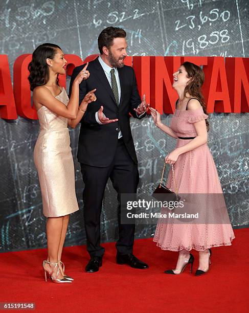 Cynthia Addai-Robinson, Ben Affleck and Anna Kendrick attends the UK premiere of "The Accountant" at Cineworld Leicester Square on October 17, 2016...