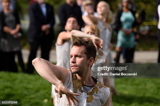 Dancers from Thodos Dance Chicago perform during the Project 120 Skylanding unveiling at Jackson Park on October 17, 2016 in Chicago, Illinois.