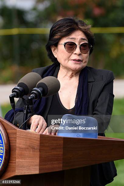 Yoko Ono attends the Project 120 Skylanding art installation unveiling at Jackson Park on October 17, 2016 in Chicago, Illinois.