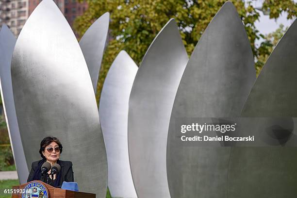 Yoko Ono attends the Project 120 Skylanding art installation unveiling at Jackson Park on October 17, 2016 in Chicago, Illinois.