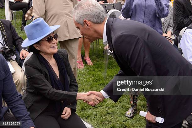 Yoko Ono and Chicago Mayor Rahm Emanuel attend the Project 120 Skylanding art installation unveiling at Jackson Park on October 17, 2016 in Chicago,...