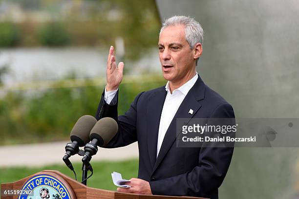 Chicago Mayor Rahm Emanuel attends the Project 120 Skylanding unveiling at Jackson Park on October 17, 2016 in Chicago, Illinois.
