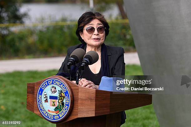 Yoko Ono attends the Project 120 Skylanding art installation unveiling at Jackson Park on October 17, 2016 in Chicago, Illinois.