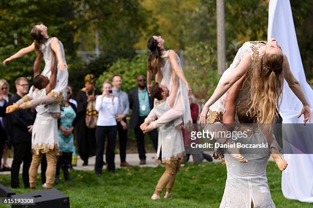 Dancers from Thodos Dance Chicago perform during the Project 120 Skylanding unveiling at Jackson Park on October 17, 2016 in Chicago, Illinois.