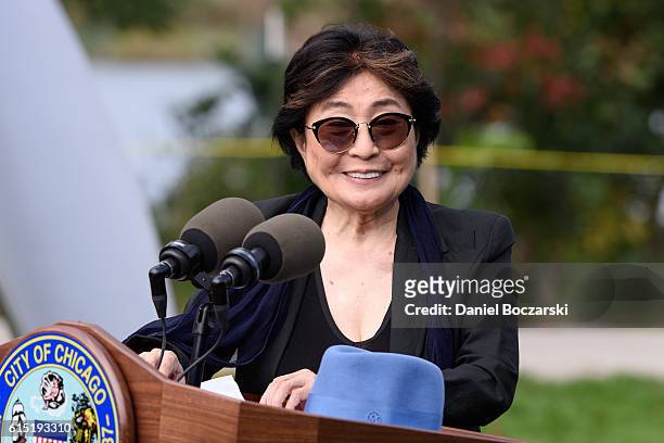 Yoko Ono attends the Project 120 Skylanding art installation unveiling at Jackson Park on October 17, 2016 in Chicago, Illinois.