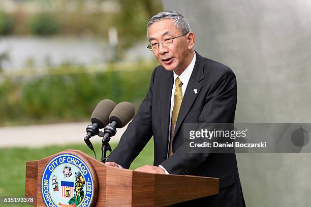 Consul-General of Japan in Chicago Toshiyuki Iwado attends the Project 120 Skylanding art installation unveiling at Jackson Park on October 17, 2016...