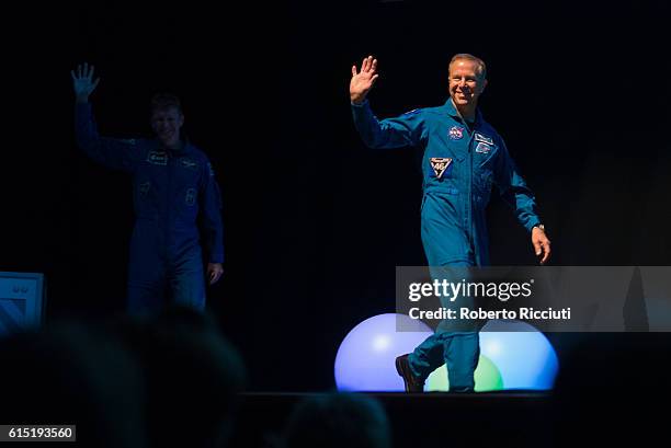 British ESA astronaut Tim Peake and NASA astronaut Tim Kopra on stage for "Experiments in space" at Usher Hall on October 17, 2016 in Edinburgh,...