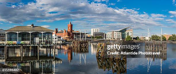 cardiff bay, view of the bay with the pierhead building - cardiff bay stock-fotos und bilder