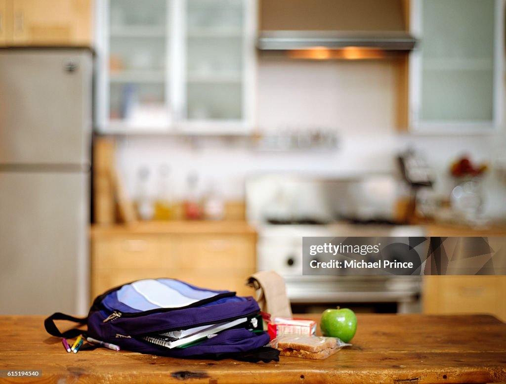 Student's Backpack and Lunch on Kitchen Counter