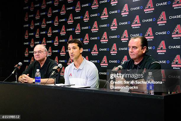 Ken Kendrick, Mike Hazen, and Derrick Hall of the Arizona Diamondbacks address the media during a press conference in regards to appointing Mike...