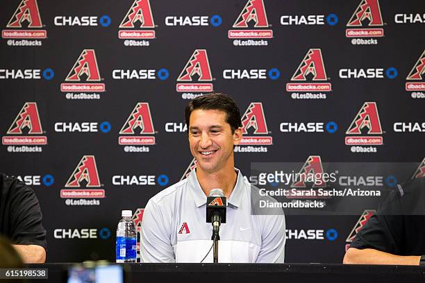 Arizona Diamondbacks General Manager, Mike Hazen, addresses the media during a press conference in regards to his new position on October 17, 2016 in...