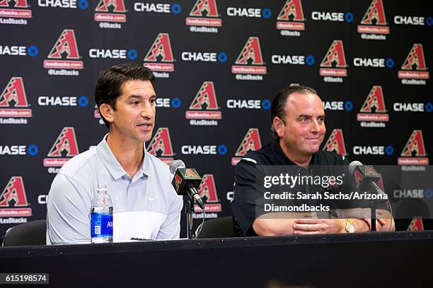 Arizona Diamondbacks General Manager, Mike Hazen, addresses the media during a press conference in regards to his new position on October 17, 2016 in...