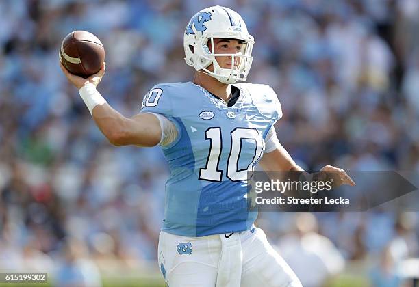 Mitch Trubisky of the North Carolina Tar Heels drops back to pass against the Pittsburgh Panthers during their game at Kenan Stadium on September 24,...