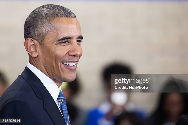 President Barack Obama delivers remarks on education at Benjamin Banneker Academic High School in Washington,DC on October 17, 2016.