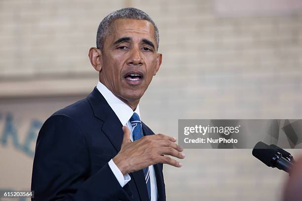 President Barack Obama delivers remarks on education at Benjamin Banneker Academic High School in Washington,DC on October 17, 2016.