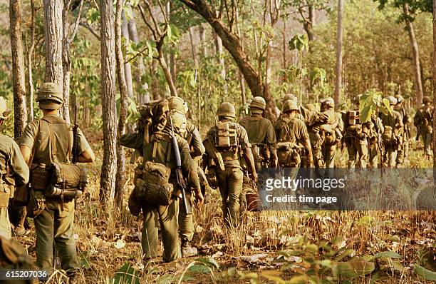 Engineers from the 173rd Air Cavalry make their way through forest on Chu Phong mountain, in the Ida Drang Valley. Vietnam, 1965. | Location: Chu...