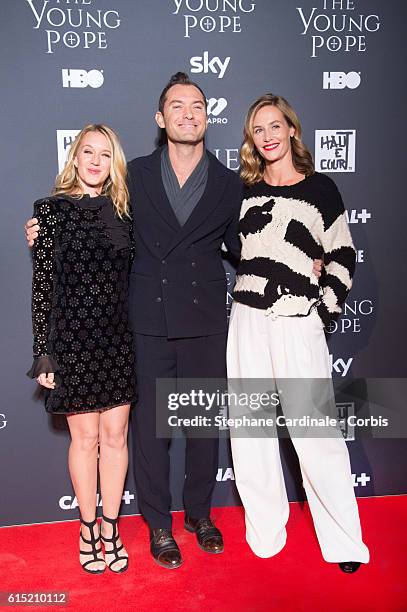 Actors Ludivine Sagnier, Jude Law and Cecile de France attend the "The Young Pope" Paris Premiere at La Cinematheque on October 17, 2016 in Paris,...