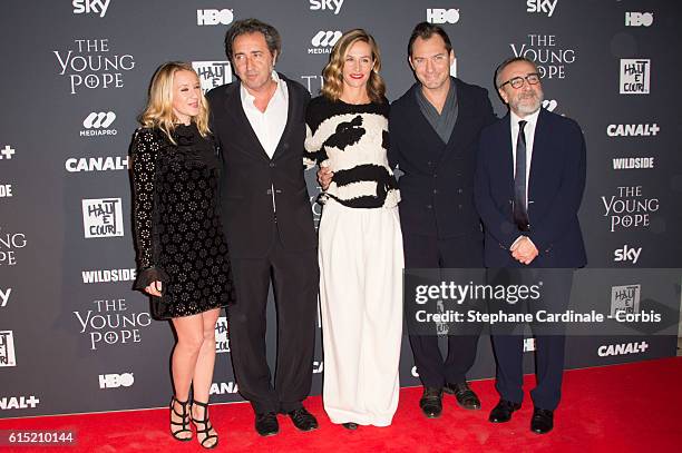 Ludivine Sagnier, Paolo Sorrentino, Cecile de France, Jude Law and Silvio Orlando attend the "The Young Pope" Paris Premiere at La Cinematheque on...